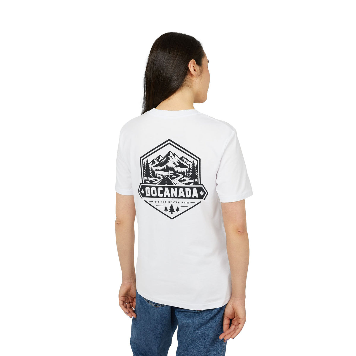 GoCanada Mountain Badge T-shirt | Outdoor Adventure Tee, Forest Emblem (Light Colors)