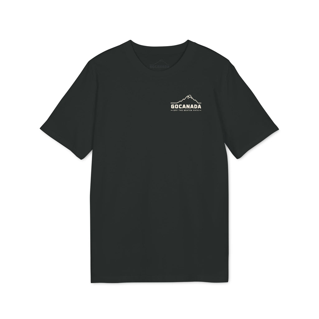 GoCanada Mountain Badge T-shirt | Outdoor Adventure Tee, Forest Emblem (Dark Colors)