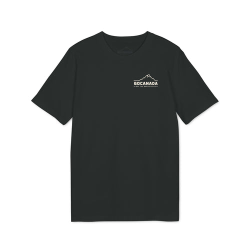 GoCanada Mountain Badge T-shirt | Outdoor Adventure Tee, Forest Emblem (Dark Colors)