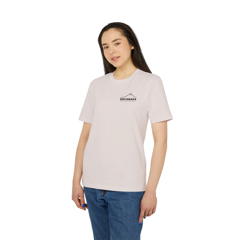 GoCanada Mountain Badge T-shirt | Outdoor Adventure Tee, Forest Emblem (Light Colors)