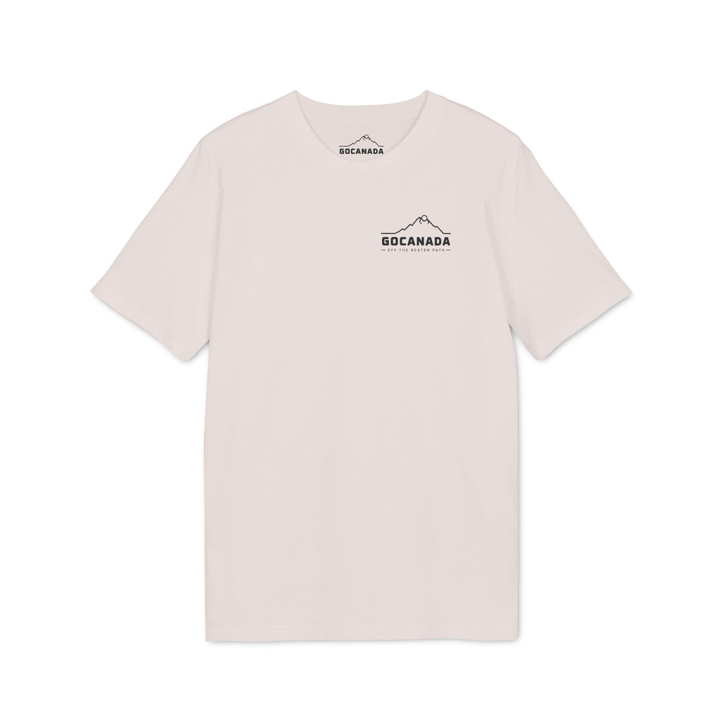 GoCanada Mountain Badge T-shirt | Outdoor Adventure Tee, Forest Emblem (Light Colors)