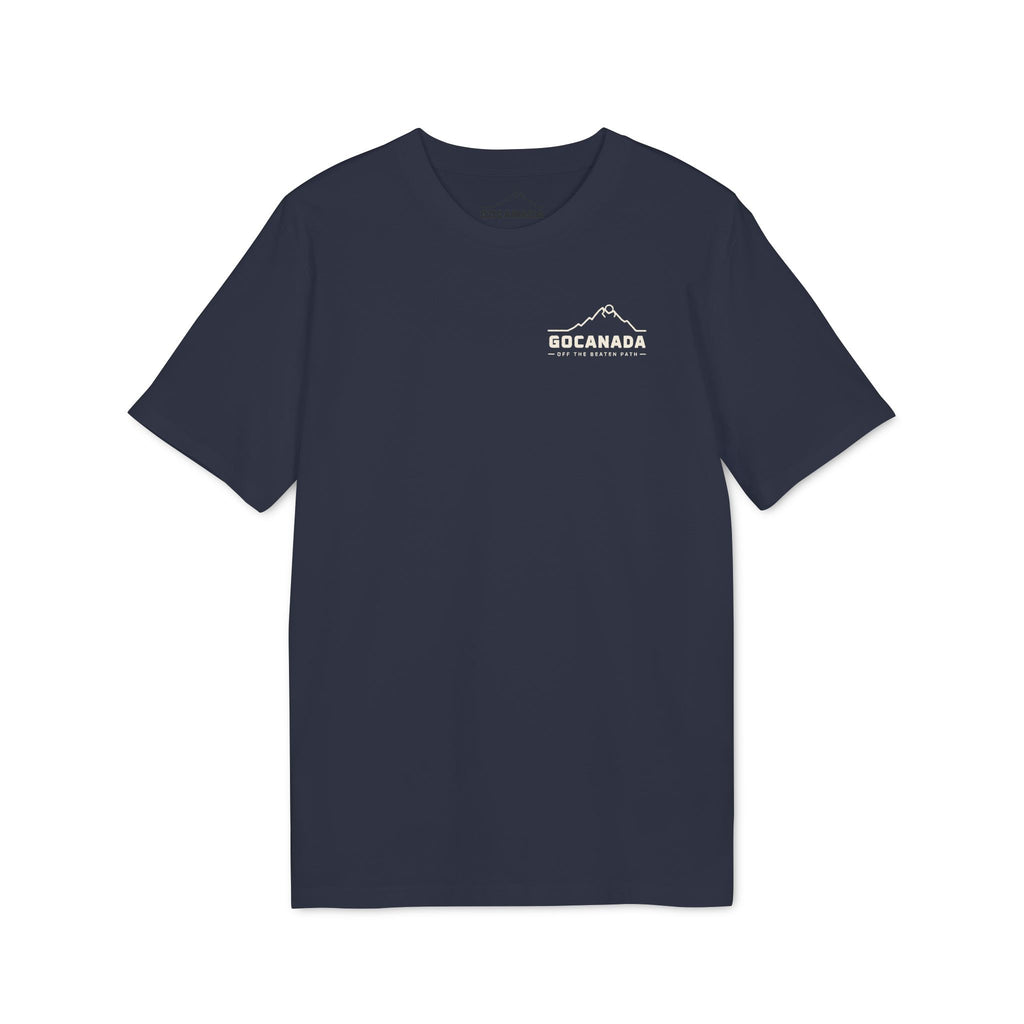 GoCanada Mountain Badge T-shirt | Outdoor Adventure Tee, Forest Emblem (Dark Colors)