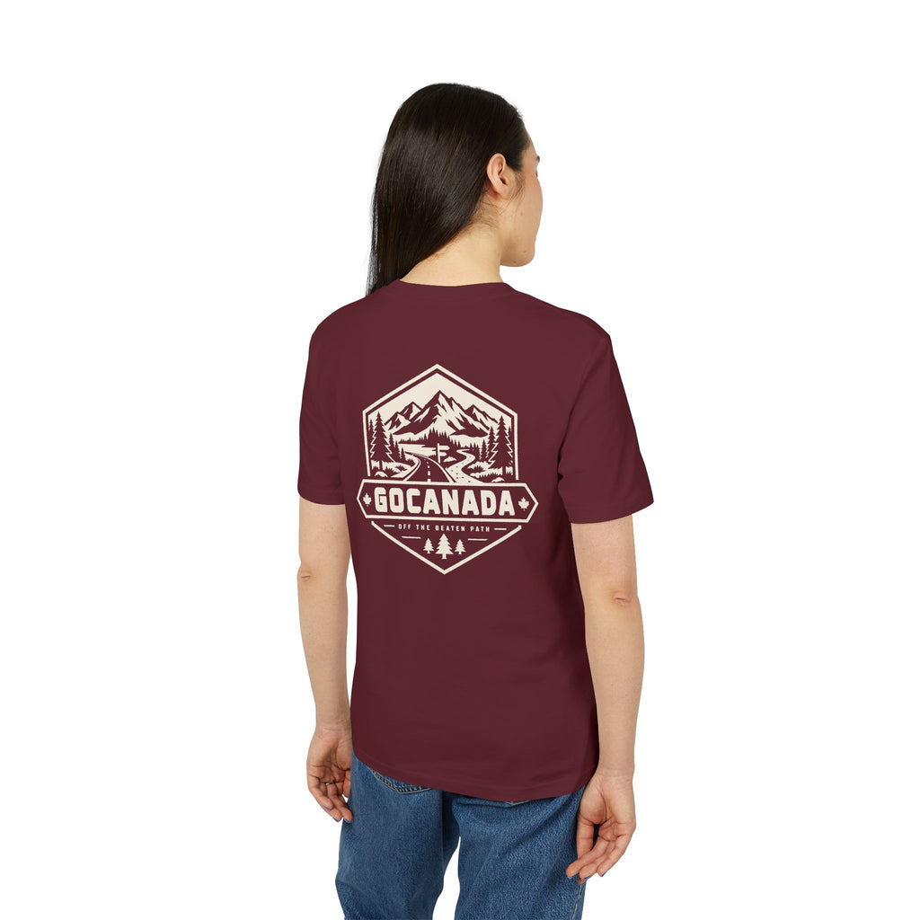 GoCanada Mountain Badge T-shirt | Outdoor Adventure Tee, Forest Emblem (Dark Colors)