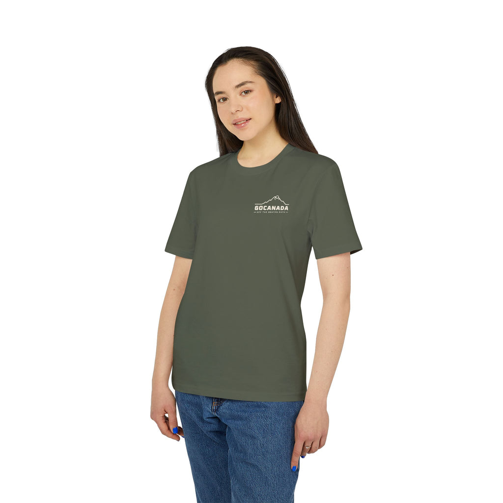 GoCanada Mountain Badge T-shirt | Outdoor Adventure Tee, Forest Emblem (Dark Colors)