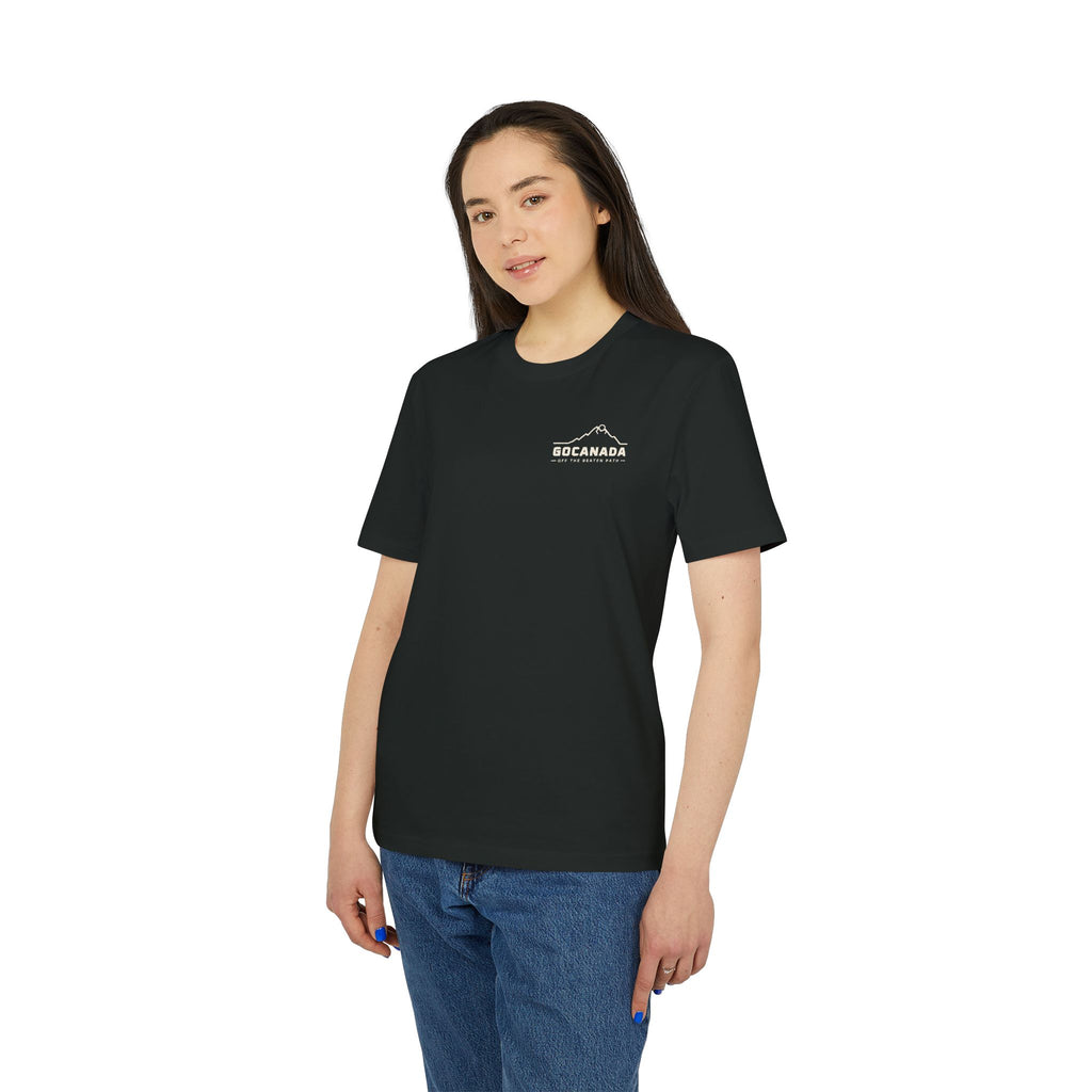 GoCanada Mountain Badge T-shirt | Outdoor Adventure Tee, Forest Emblem (Dark Colors)