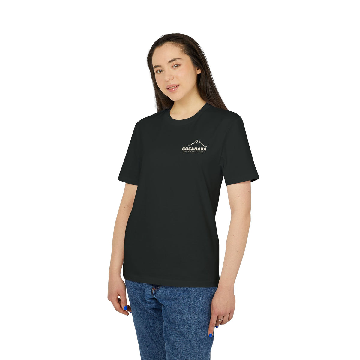 GoCanada Mountain Badge T-shirt | Outdoor Adventure Tee, Forest Emblem (Dark Colors)