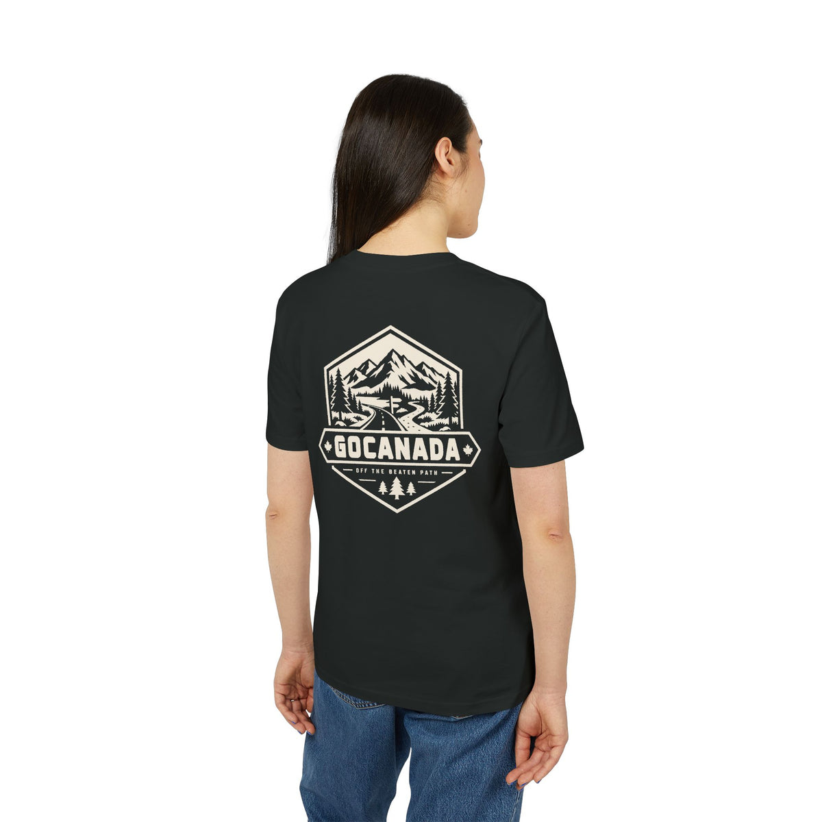 GoCanada Mountain Badge T-shirt | Outdoor Adventure Tee, Forest Emblem (Dark Colors)