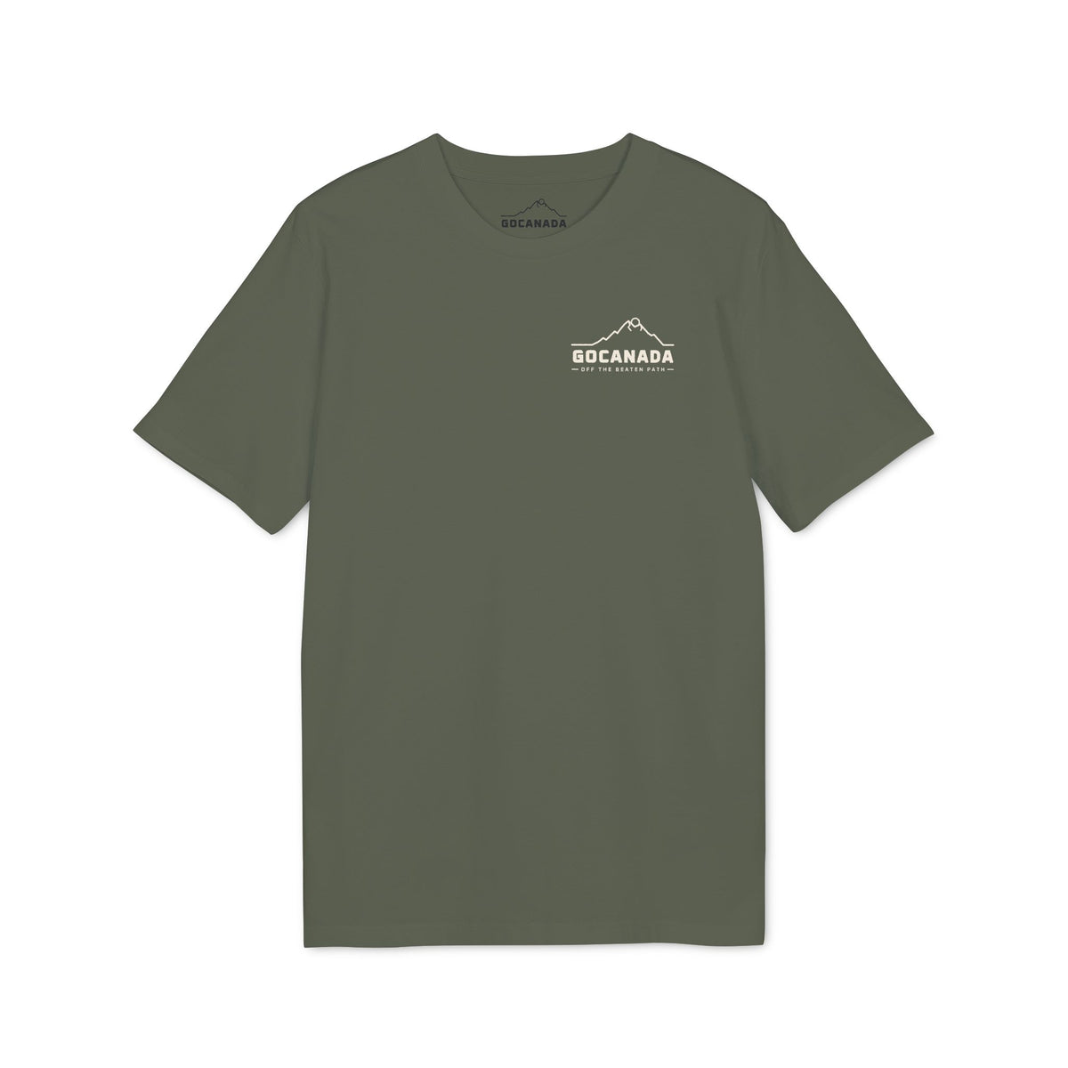 GoCanada Mountain Badge T-shirt | Outdoor Adventure Tee, Forest Emblem (Dark Colors)