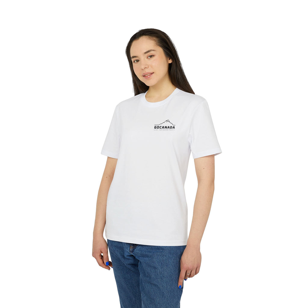 GoCanada Mountain Badge T-shirt | Outdoor Adventure Tee, Forest Emblem (Light Colors)