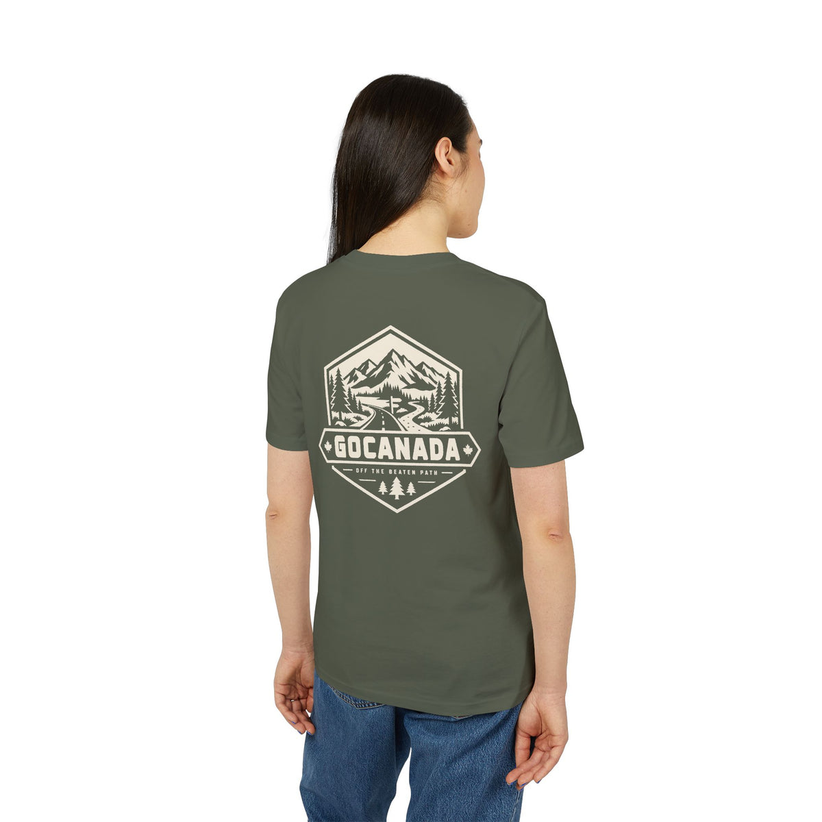 GoCanada Mountain Badge T-shirt | Outdoor Adventure Tee, Forest Emblem (Dark Colors)