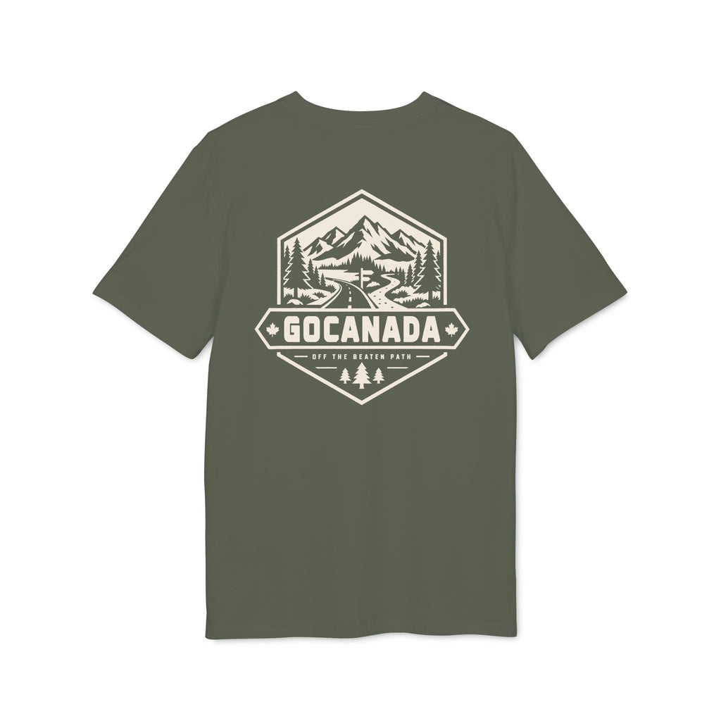 GoCanada Mountain Badge T-shirt | Outdoor Adventure Tee, Forest Emblem (Dark Colors)