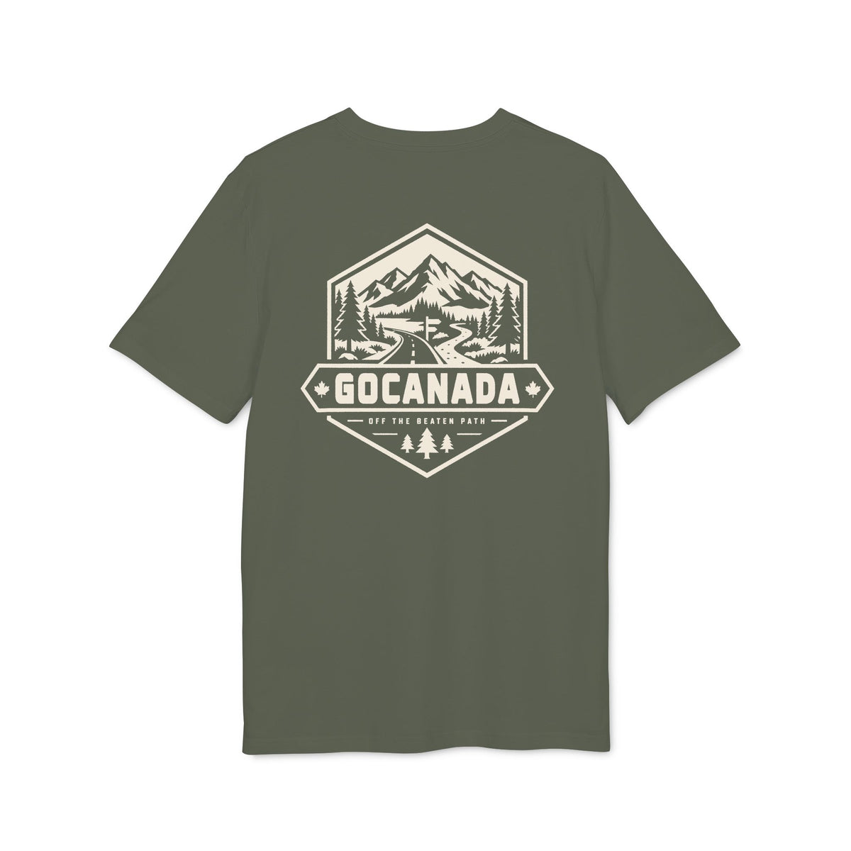 GoCanada Mountain Badge T-shirt | Outdoor Adventure Tee, Forest Emblem (Dark Colors)
